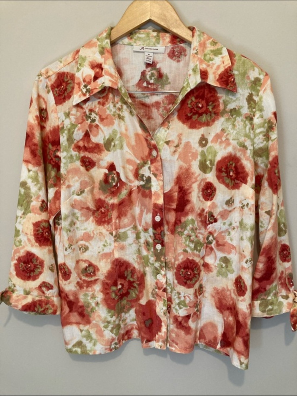 JM Collection Linen Floral Button-Front Top in Coral, Olive & Cream Sz 10